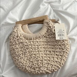 Beige Knitted Handbag with Wooden Handle